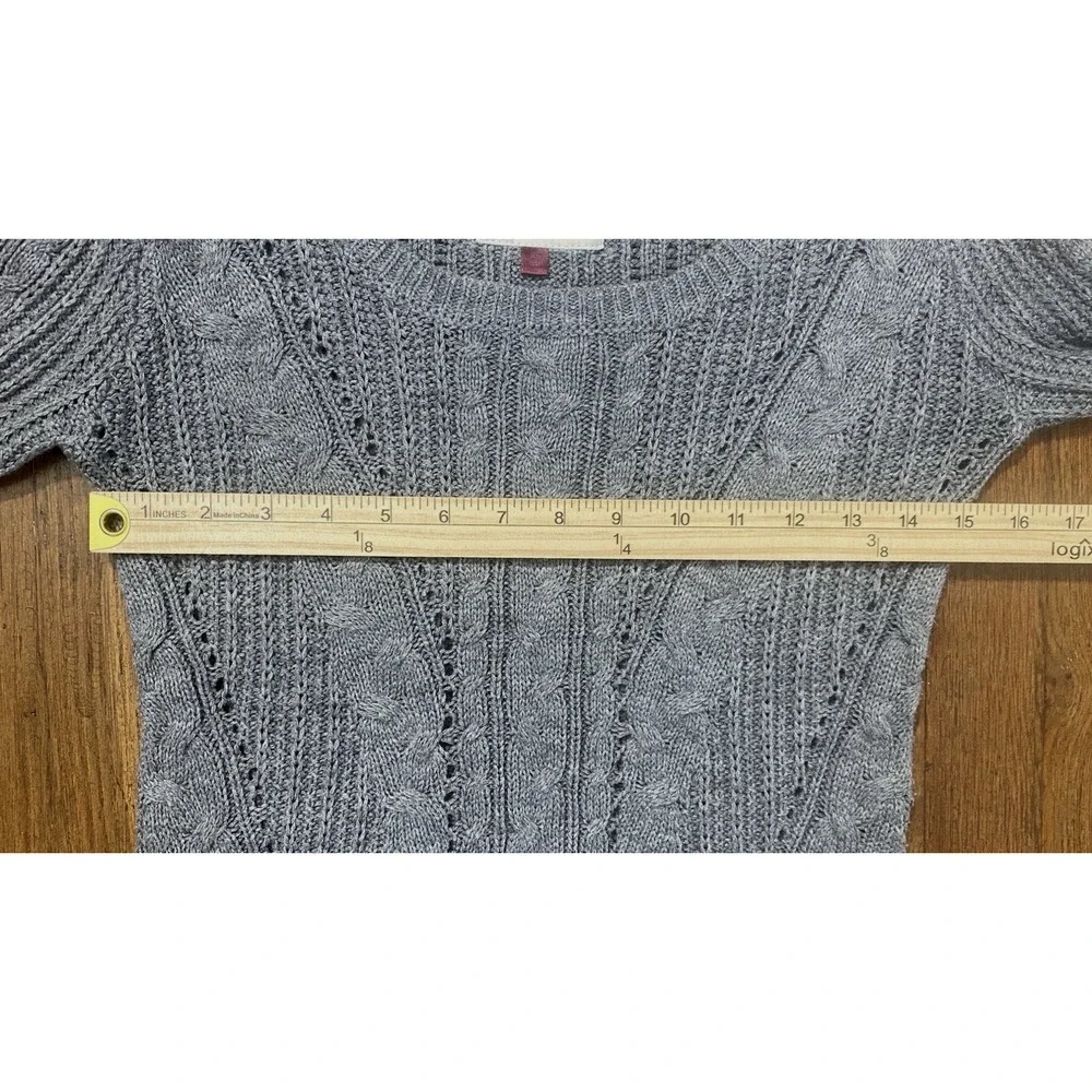Womens Gray Cable Knit Sweater Long Sleeve Scoop Neck Soft Pullover Cozy Knit